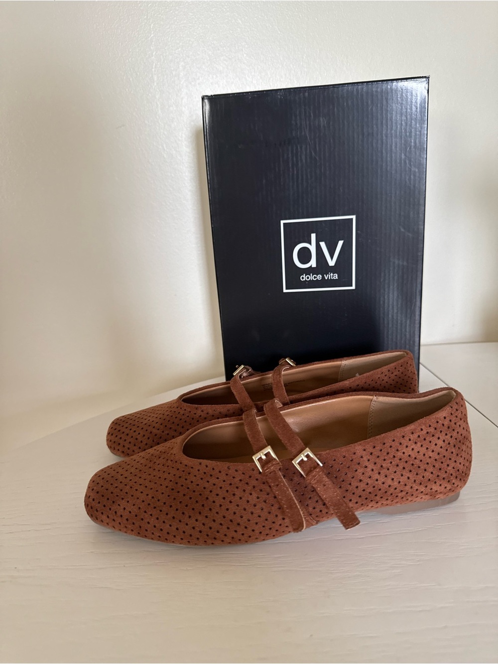 Dolce Vita Brown Perforated Suede Mareesa Double-Strap Flats